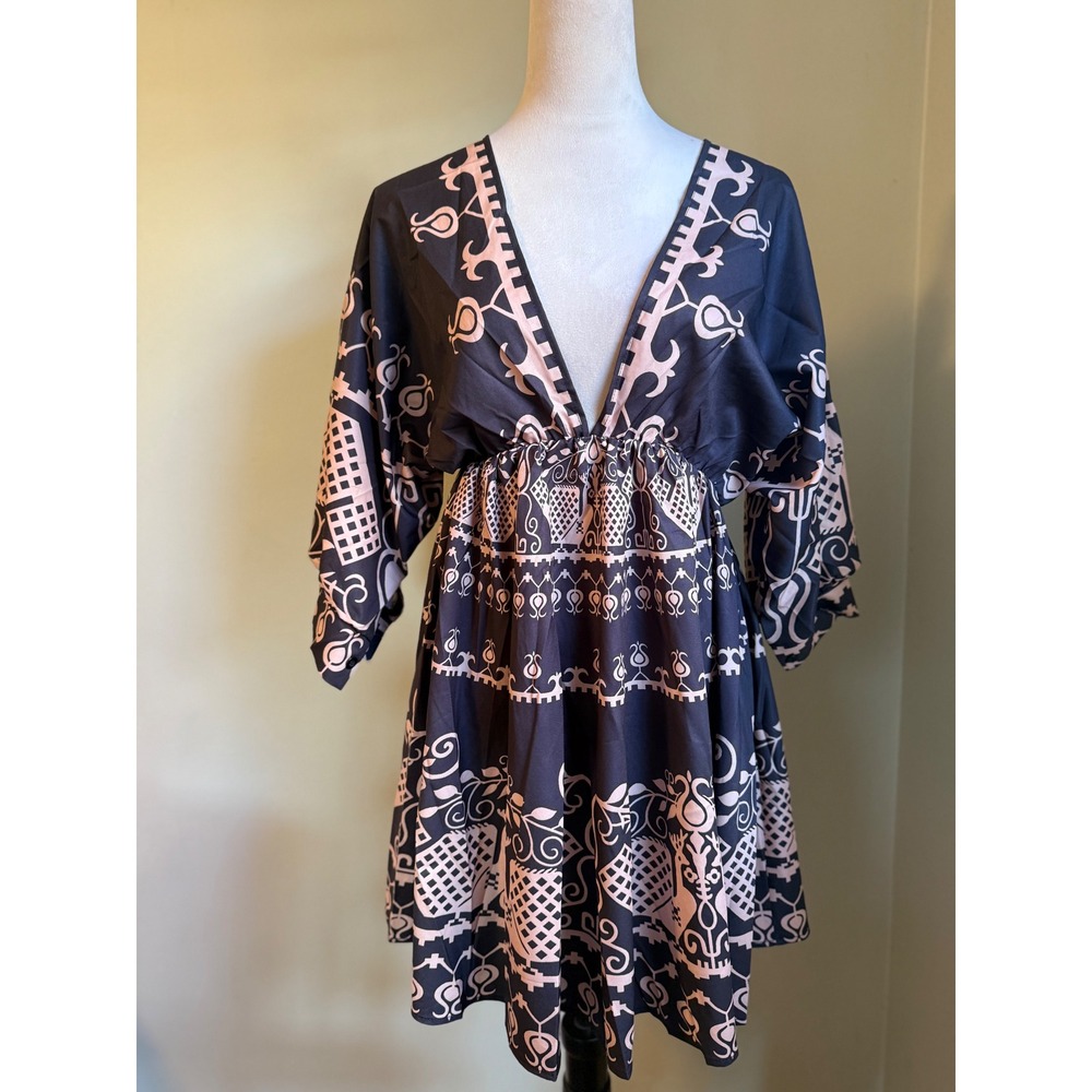 Retro Dress M Black Print V‎ Neck Tie  Mini boho whimsigoth Y2K resortwear tan